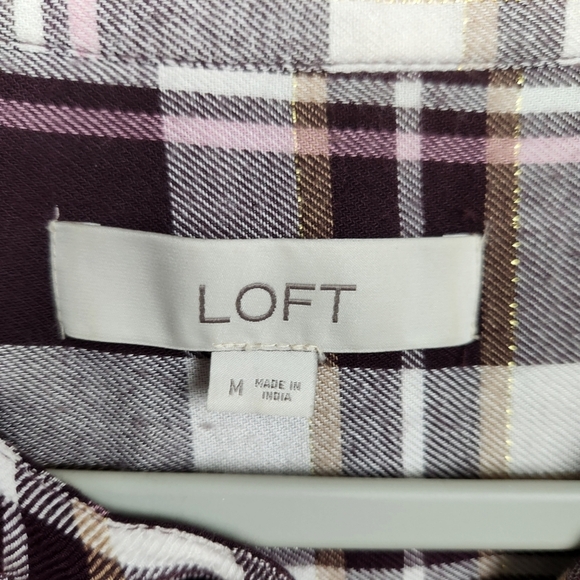 LOFT The Softened Plaid Half Button Gold Shimmer Burgundy Shirt Size Medium - Picture 8 of 9
